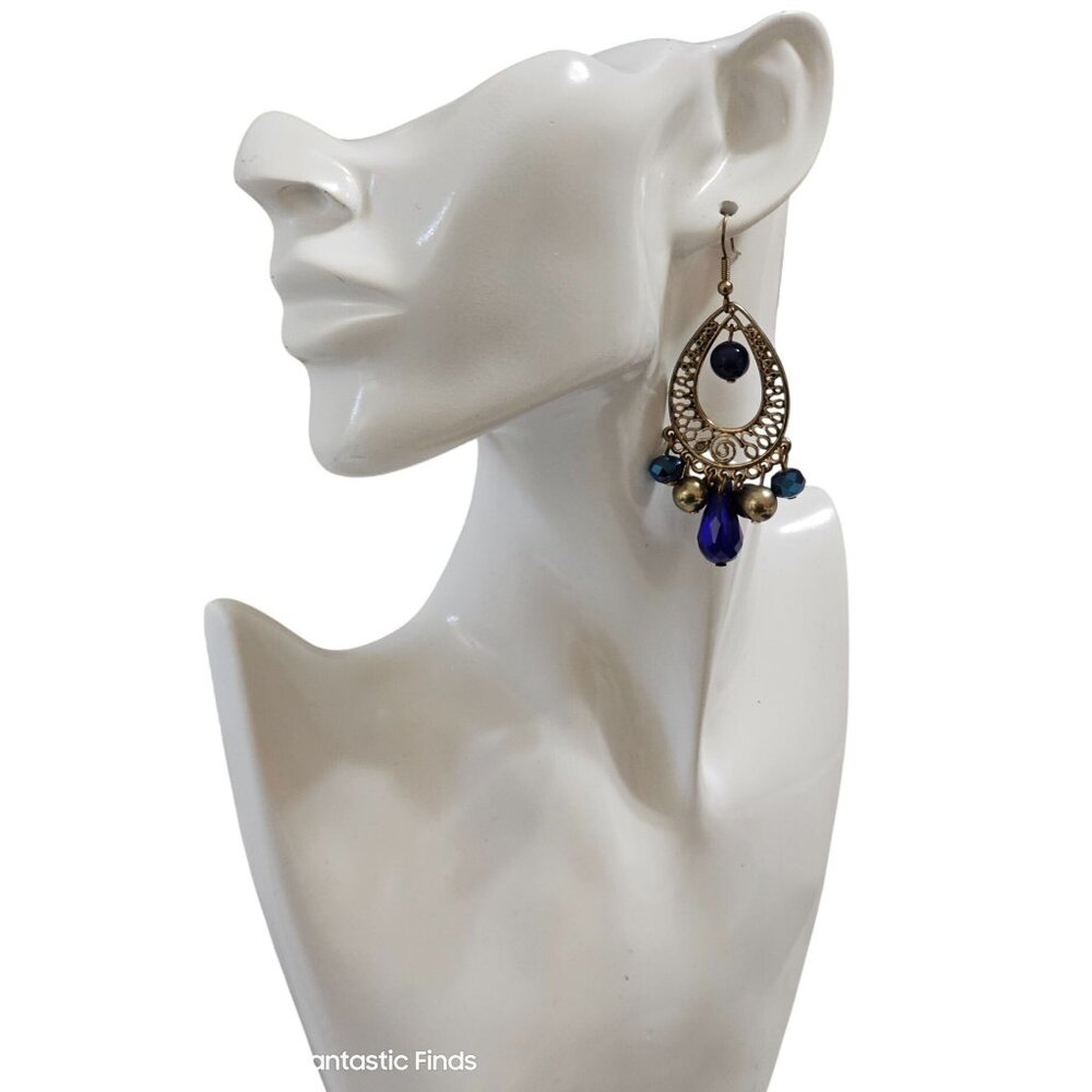 Vintage Style Teardrop Earrings With Blue & Gold Beads